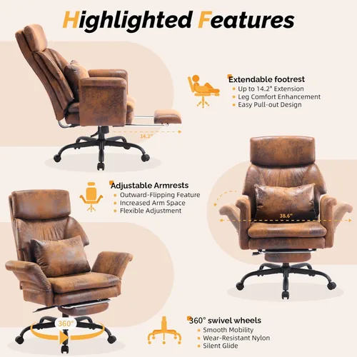 Miniatura 6 de VINGLI Silla de oficina alta reclinable de 100 a 130° con reposapiés y reposabrazos ajustables, silla ergonómica cruzada con ruedas y reposacabezas