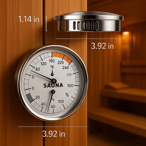 Miniatura 2 de Termómetro mecánico de sauna higrómetro, acero inoxidable y vidrio resistente a la niebla, temperatura 2 en 1 (70-250°F) y humedad (0-100%) calibre