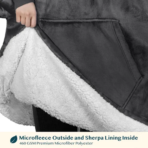 Miniatura 3 de PAVILIA Sudadera Manta Ponible para Niños y Niñas, Sudadera con Capucha Gigante Cálida y Acogedora, Forro Polar Sherpa con Capucha y Mangas de Gris