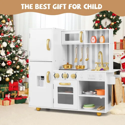 Miniatura 8 de INFANS Juego de cocina para niños, juego de cocina de madera con luz y sonido realistas, estufa, fregadero, microondas, armario de almacenamiento