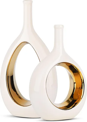 Jarrón Blanco y Dorado de Cerámica Jarrones Blancos para Decoración del Hogar, Jarrón Moderno Minimalista Circular con Agujero, Jarrones de Flor