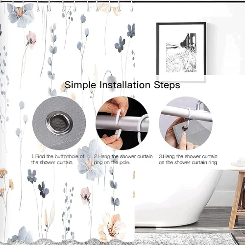 Miniatura 4 de Juego de cortinas de ducha – Cortina de baño floral con flores azules y beige, cortina de ducha para baño, juego de cortina de ducha de tela