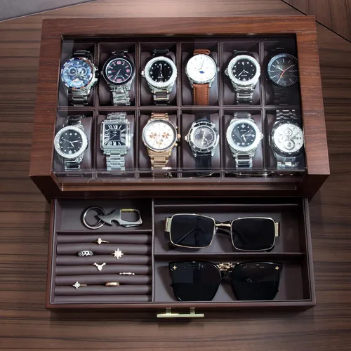 Miniatura 4 de KAMIER Caja organizadora de relojes con 12 ranuras para hombres, organizador de caja de reloj de madera de dos niveles para hombres con soporte
