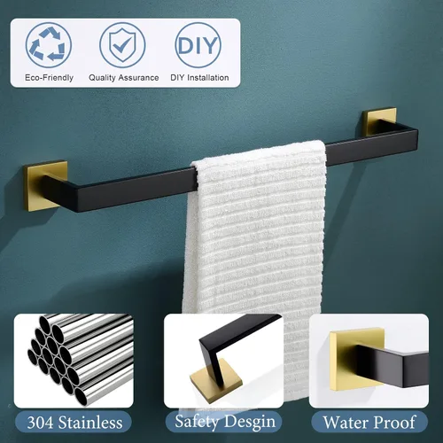 Miniatura 2 de TQKAG Toallero individual negro y dorado de 23.6 pulgadas, toallero de baño de acero inoxidable montado en la pared, colgador de toallas de baño.