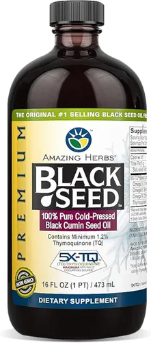 Amazing Herbs Aceite Premium de Semilla Negra - Prensado en Frío Nigella Sativa Ayuda en la Salud Digestiva, Apoyo Inmunológico, Función Cerebral,