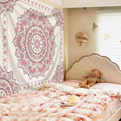 Miniatura 4 de Atrippy Tapiz de pared bohemio con mandala rosa para dormitorio, tapiz estético blanco y rosa, decoración de habitación para adolescentes y niñas