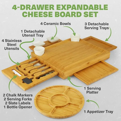 Miniatura 2 de Dynamic Gear Tabla de charcutería con cajones extraíbles, juego de tablas de queso de bambú expandible con utensilios, cuencos, bandejas