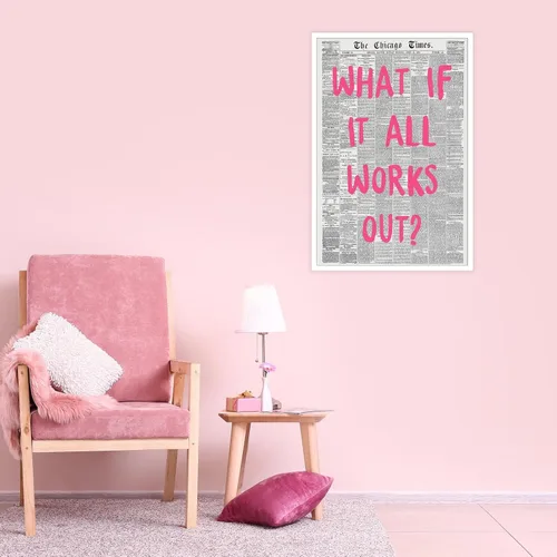 Miniatura 6 de Liyark Arte de pared retro moderno de periódico en lienzo - "¿Qué pasaría si todo sale bien" Frase de afirmación positiva - Fuente rosa - Decoración