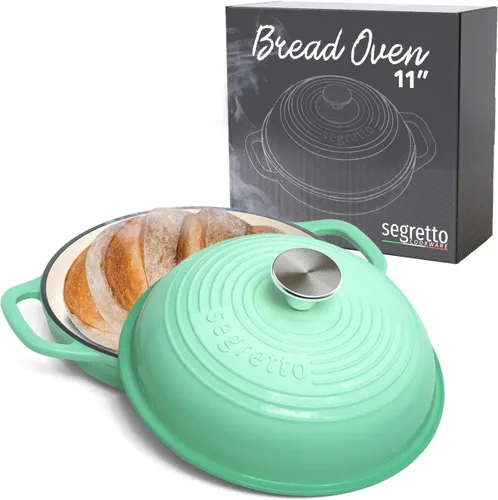 Sartén de hierro fundido esmaltado con tapa, horno de pan verde de 11 pulgadas, molde para hornear masa madre de hierro fundido, horno holandés para