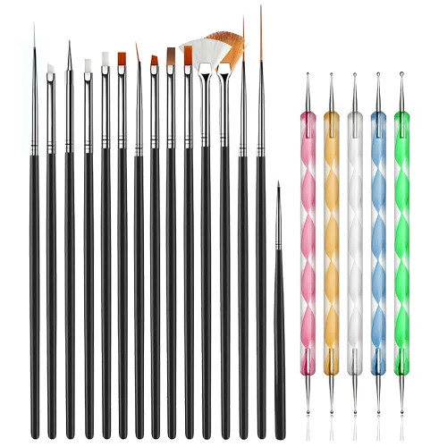20 herramientas de diseño de arte de uñas, juego de 15 pinceles de pintura con 5 bolígrafos punteados, negro..