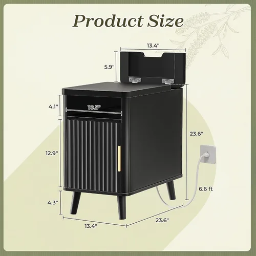 Miniatura 2 de Huuger Mesa auxiliar estrecha con estación de carga, puerto USB-C, mesita de noche acanalada con gabinete de almacenamiento, estante trasero, mesa