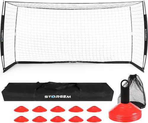 Miniatura 9 de Storgem Portería de Fútbol, Red de Fútbol, Porterías de Fútbol para Patio Trasero, con Marco de Lazo, Base Metálica Plegable y 15 Conos