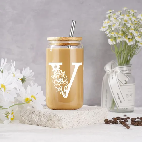 Miniatura 4 de Taza de Vidrio Inicial Coolife, Regalos Personalizados para Mujeres, Tazas de Vidrio de 16 oz con Tapas y Popotes, Vaso de Café Helado, Licuado