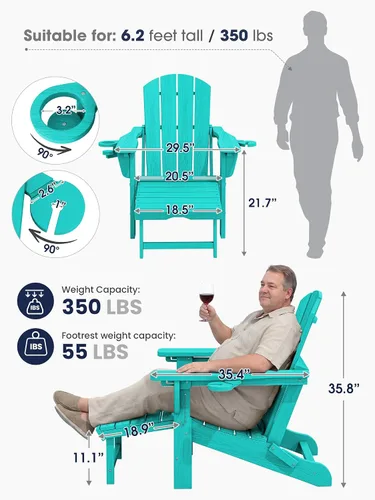 Miniatura 3 de KINGYES Silla Adirondack plegable ajustable con otomana y 2 portavasos, silla reclinable Adirondack HDPE con reposapiés, Aruba