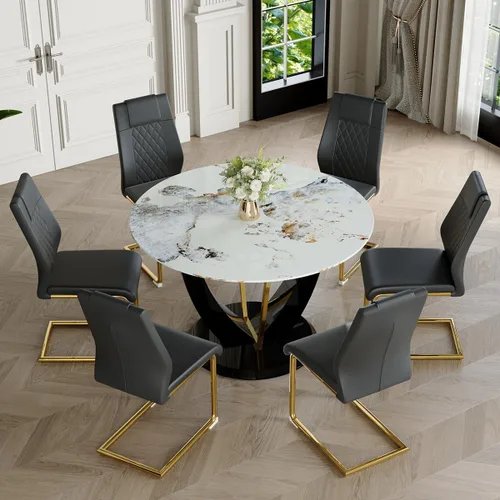 Miniatura 48 de Juego de mesa de comedor redonda para 4, mesa moderna de 48" con tapa de mármol sintético falso y pedestal brillante negro, juego de mesa de cocina
