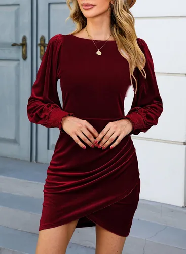 Miniatura 3 de YIJIU Vestido de terciopelo de manga larga para mujer, cuello redondo, ajustado, corto, fruncido, entallado, para cóctel, fiesta, club, mini vestidos