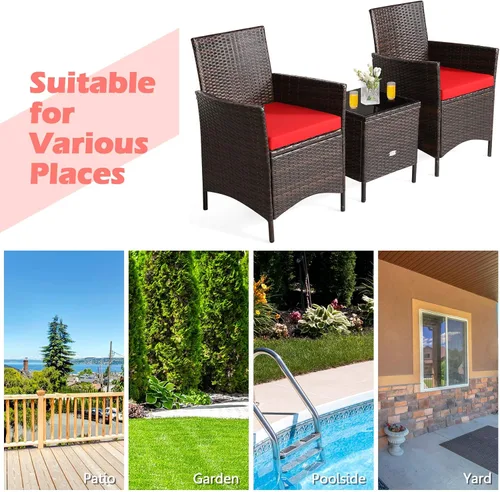Miniatura 4 de Juego de muebles de patio de 3 piezas, muebles de mimbre para exteriores con cojín resistente al agua y mesa superior de vidrio templado, juego