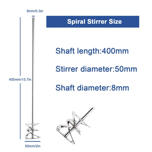 Miniatura 2 de ONiLAB 18900628 Agitador espiral de acero inoxidable 316L, diámetro del agitador de 50 mm, diámetro del eje de 8 mm, longitud del eje de 400 mm