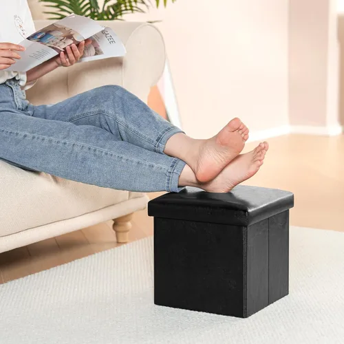 Miniatura 2 de B FSOBEIIALEO Cubo otomano plegable de almacenamiento con piel sintética para sala de estar, dormitorio, oficina en casa, reposapiés de Negro