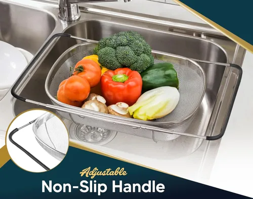 Miniatura 6 de Colador sobre el fregadero para cocina, cesta coladora sobre el fregadero de 6 cuartos de galón con asas ergonómicas extensibles y pies de apoyo