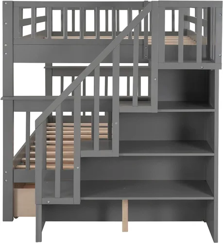 Miniatura 7 de Literas de tamaño matrimonial con cajones y escaleras, marco de cama de madera con almacenamiento para niños, adolescentes y adultos, desmontable