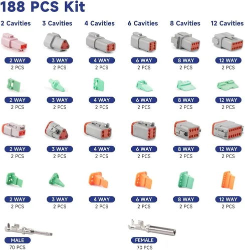 Miniatura 3 de 94 Piezas 6 Juegos Kit de Conectores Deutsch DT, Conectores DT de 2/3/4/6/8/12 Pines con Contactos Estampados Tamaño 16, Conectores Impermeables