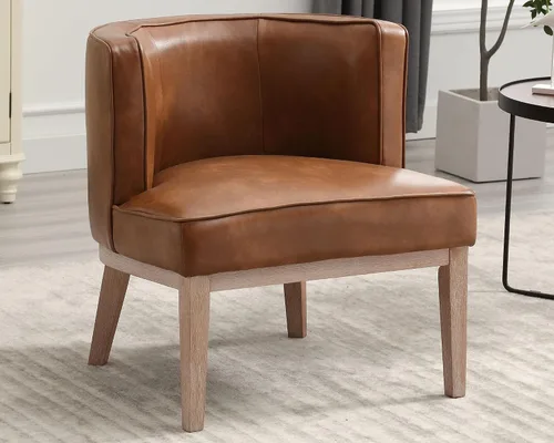 VESCASA Silla con brazo decorativo de piel sintética con patas de madera lavada a la piedra, cómoda silla auxiliar con respaldo medio redondo de