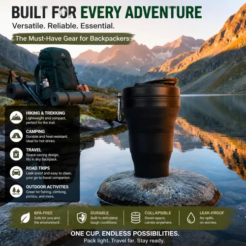 Miniatura 3 de Taza de camping plegable con popote de silicona plegable para café, botella deportiva, portátil, para viajes, al aire libre, 16 onzas, 20 onzas
