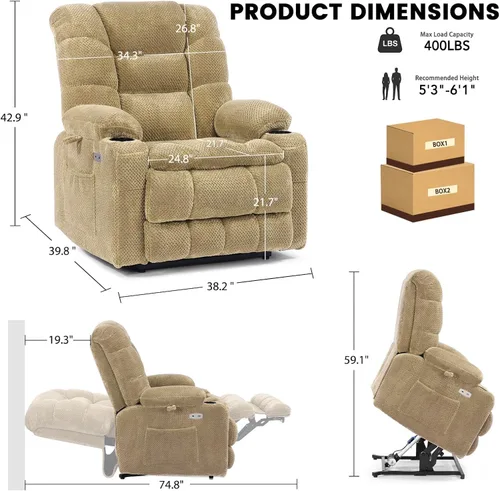Miniatura 3 de EONIX Silla reclinable ancha para ancianos, silla elevadora de gran tamaño resistente de 400 libras con calor y masaje, reclinable elevador