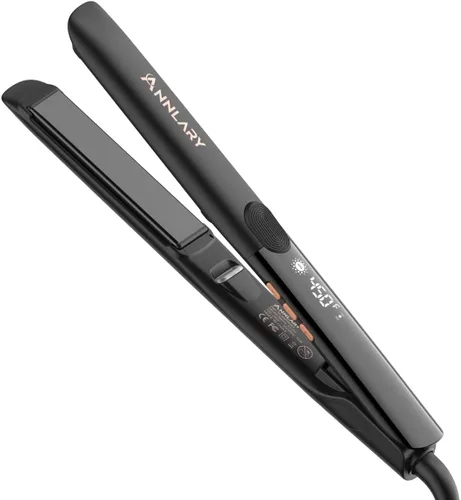 Annlary - Plancha de pelo alisadora de 1 pulgada y rizador de pelo plana de 2 en 1 de titanio y cerámica iónica con voltaje dual, con silicona Negro