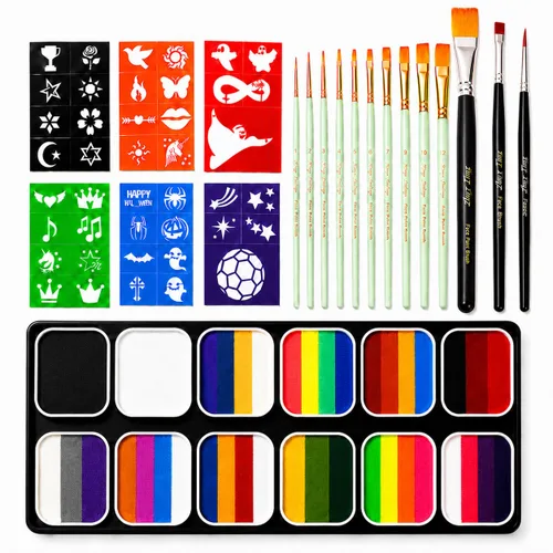 SPRINGSKY Kit de pintura facial de 39 colores: kit profesional de pintura facial con 6 plantillas y 13 pinceles, kit de maquillaje de pintura facial