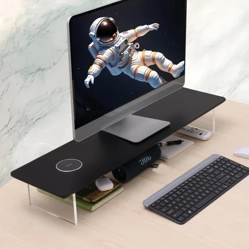 Miniatura 4 de SUIBIAN Soporte elevador de monitor negro con carga inalámbrica de 31.5 pulgadas, grande, soporte para monitor de computadora, estante organizador
