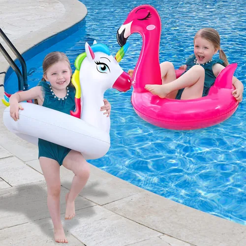 Miniatura 8 de Paquete de 2 flotadores inflables de flamenco y unicornio para niños de 3 a 8 años, flotadores divertidos, balsas, tubos de piscina, decoraciones