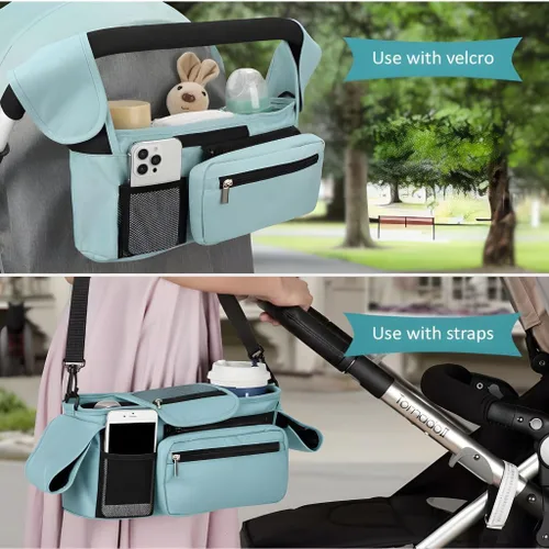 Miniatura 6 de Organizador de cochecito con portavasos aislados, organizador universal azul para cochecito de bebé con bolsillo desmontable para teléfono