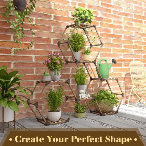 Miniatura 3 de Tikea Soporte para plantas para interiores y exteriores, soporte hexagonal para múltiples plantas, estante grande de madera para plantas, 7 niveles