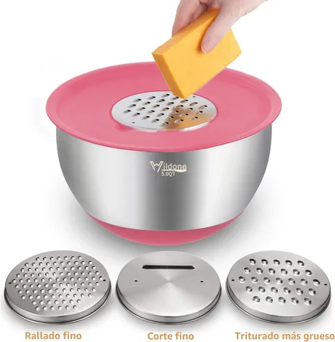 Miniatura 3 de Wildone Juego de Tazones Mezcladores con Tapas Herméticas, 5PCS Tazones de Acero Inoxidable Anidables para Cocina, con Accesorios de Rallador
