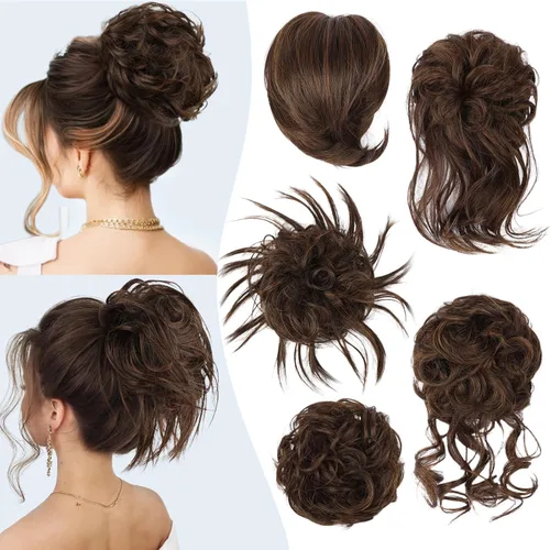 Miniatura 24 de HMD 5 piezas de moño despeinado para mujer, extensión de cabello con banda de goma elástica, extensión de cabello largo y desordenado, accesorios