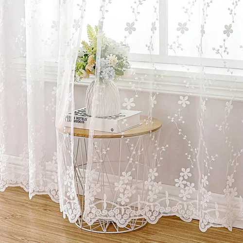 Miniatura 7 de WUBODTI Cortinas de encaje blanco de lujo de 63 pulgadas de largo, 2 paneles para dormitorio, bonitas cortinas bordadas florales de vid con ojales