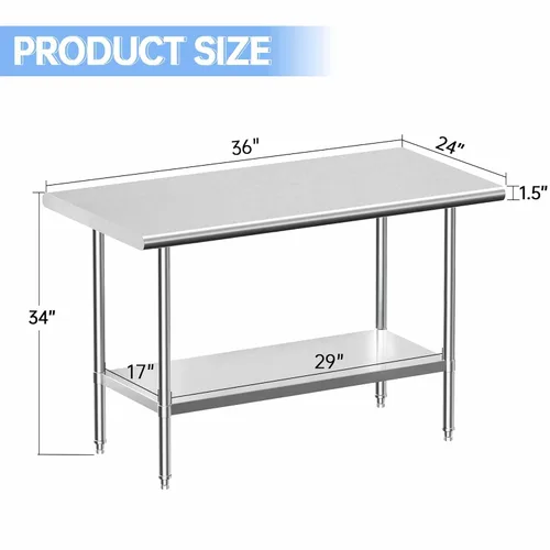 Miniatura 3 de Mesa de trabajo de acero inoxidable, mesa de trabajo comercial NSF con estante inferior y patas para restaurante, hogar y hotel, 24 pulgadas