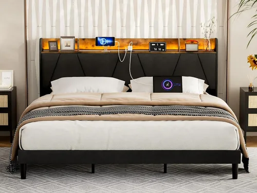 IKIFLY Base de cama King con estación de carga y estante de almacenamiento, marco de cama tapizado con plataforma LED, listones de madera maciza, no