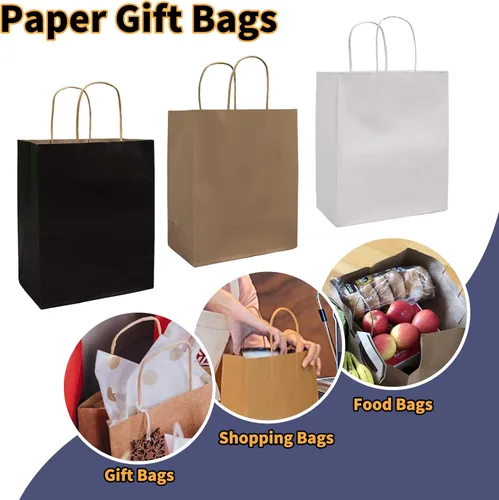 Miniatura 5 de FACEBAG 50 bolsas de papel negras con asas a granel, 8 x 4.25 x 10.5 pulgadas, bolsas de regalo de tamaño mediano para recuerdos de fiesta, comida