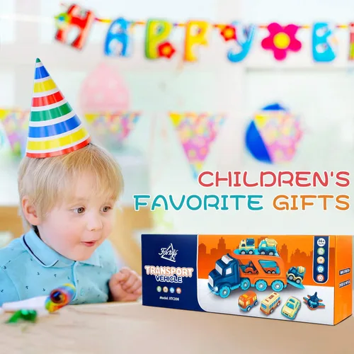 Miniatura 8 de Paquete de 9 autos de juguete para niños y niñas de 2, 3, 4, 5 años, camión de transporte grande con 8 pequeños camiones de tracción y lindos, juego