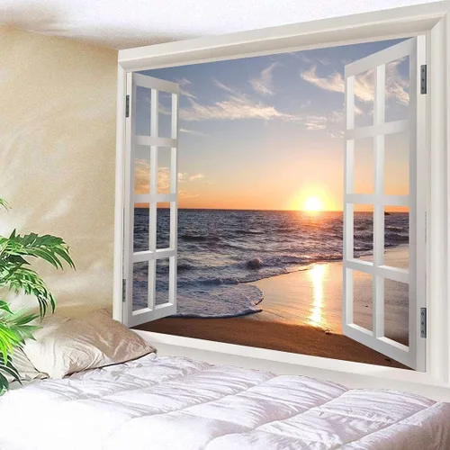 Miniatura 3 de Homiest Tapiz 3D oceánico para colgar en la pared, sol, puesta de sol, playa, paisaje, tapiz de ventana, para dormitorio, sala de estar, decoración
