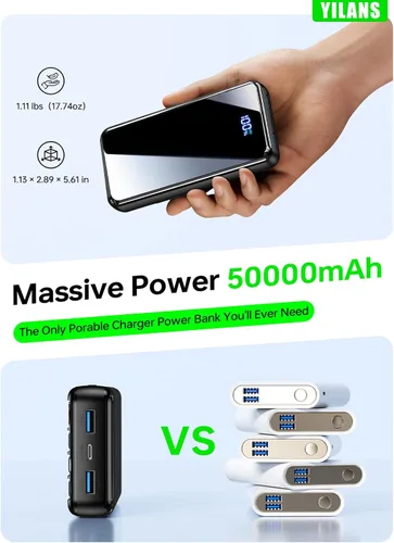 Miniatura 5 de Cargador portátil, banco de energía de 50000 mAh con cable incorporado, carga rápida de 22,5 W PD USB C de entrada y salida, paquete de batería