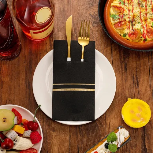 Miniatura 4 de Roshtia Paquete de 50 servilletas desechables de lino con bolsillo integrado para cubiertos con ribete dorado, papel preplegado para bodas