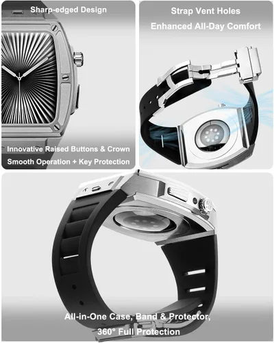 Miniatura 5 de Funda de metal de lujo con correa para Apple Watch Series 10 de 1.812 pulgadas, funda protectora militar resistente contra golpes, diseño táctico