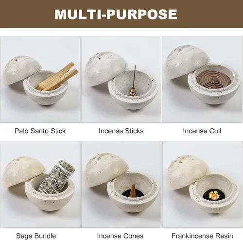 Miniatura 4 de Soporte de cono de incienso de travertino natural, hecho a mano, quemador de incienso de esfera de piedra para meditación, yoga, decoración