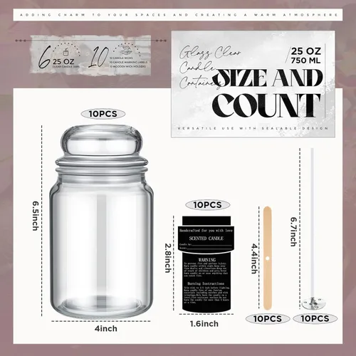 Miniatura 2 de Ziliny Paquete de 6 tarros de vela de vidrio de 25 onzas con tapas herméticas, recipientes grandes y gruesos para velas transparentes con 10