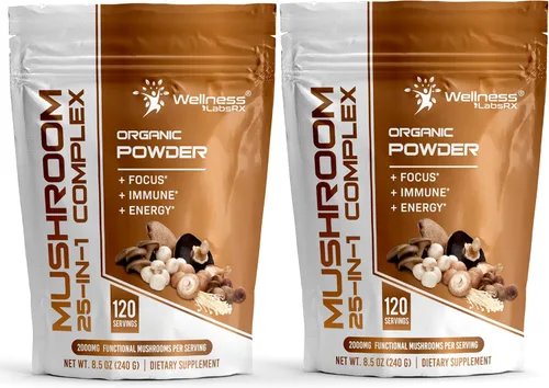 Miniatura 10 de WELLNESS LABSRX Polvo de hongos, suplemento de hongos 25 en 1, 2000 mg, 25 superalimentos en polvo de melena de leones con chaga, shiitake