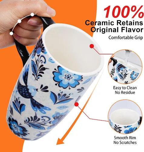 Miniatura 8 de Topadorn Taza de Café de Cerámica de Viaje con Tapa y Caja de Color, 17oz Termo de Café Apto para Microondas y Lavavajillas, Pájaro Azul